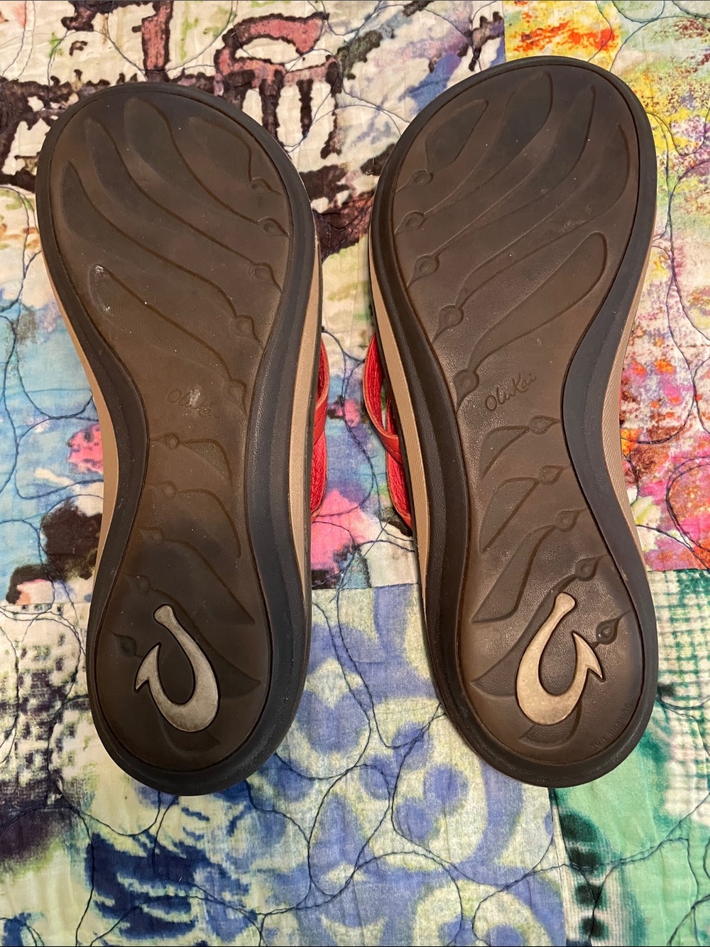 OluKai Brown Leather Sandals with Coral Straps - Picture 2 of 4